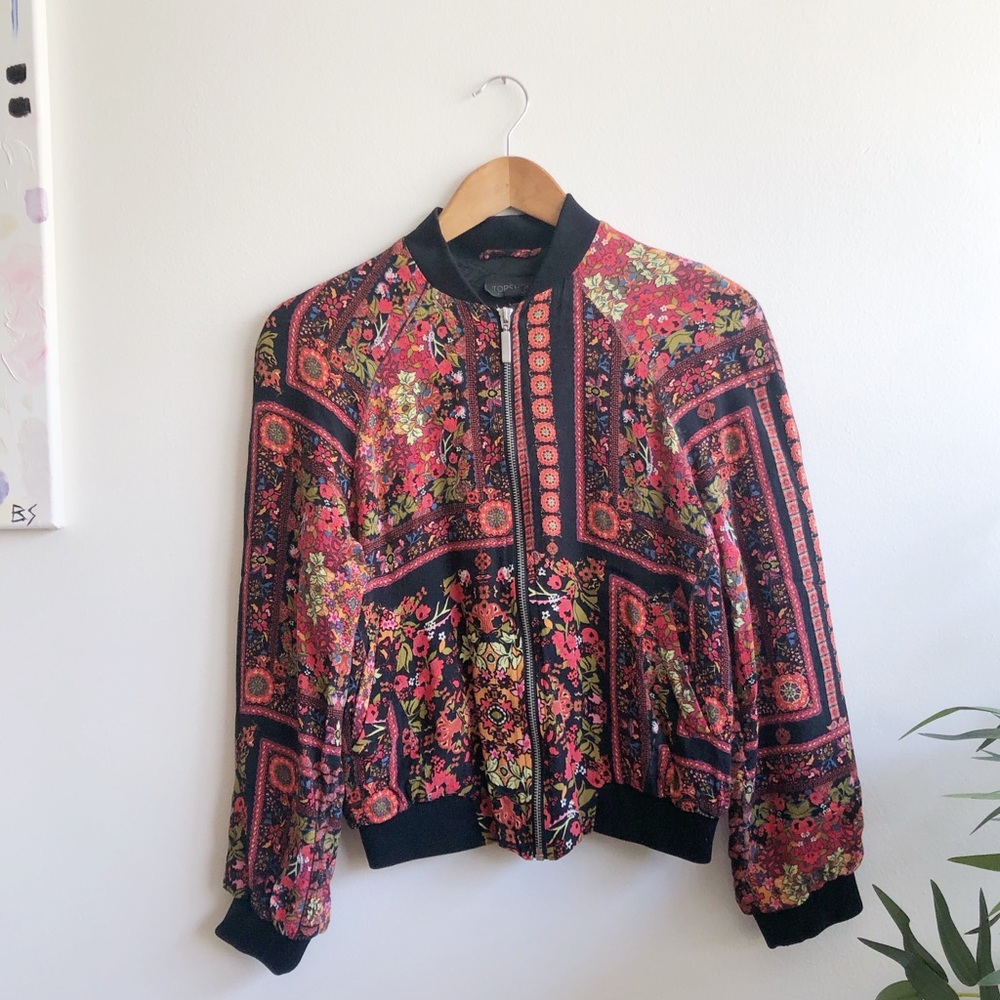 Topshop Red Floral Bomber Jacket